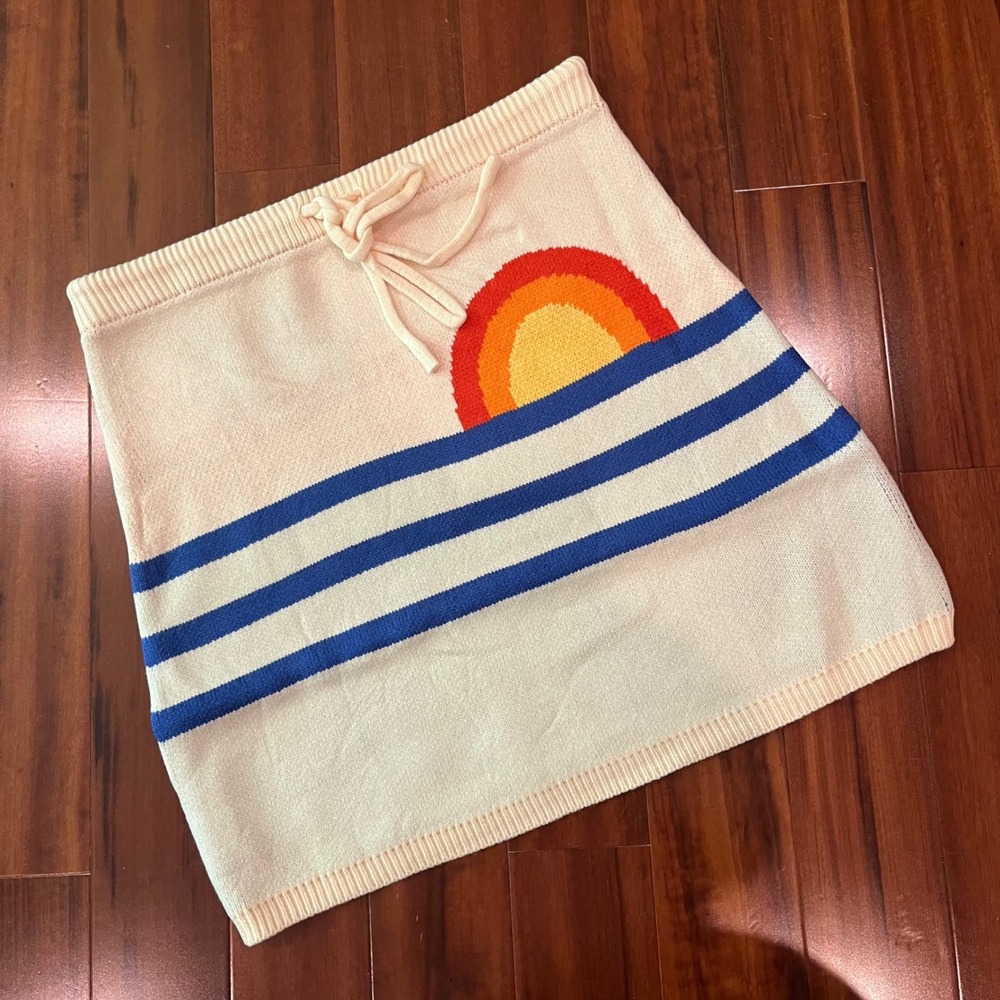 Retro Sun Graphic Knit Mini Skirt Cream Blue Striped Drawstring Waist XL